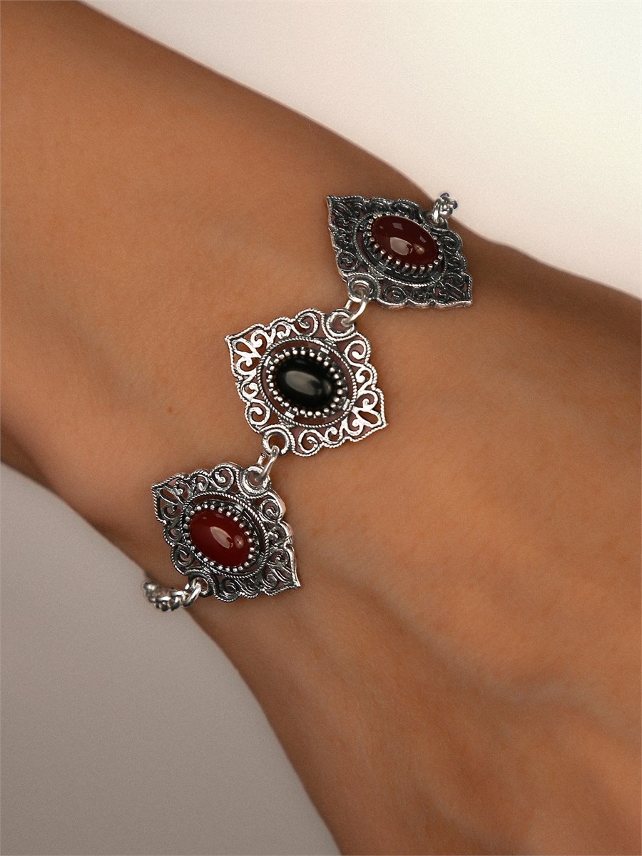 Браслет из серебра с сердоликом и агатом 2949