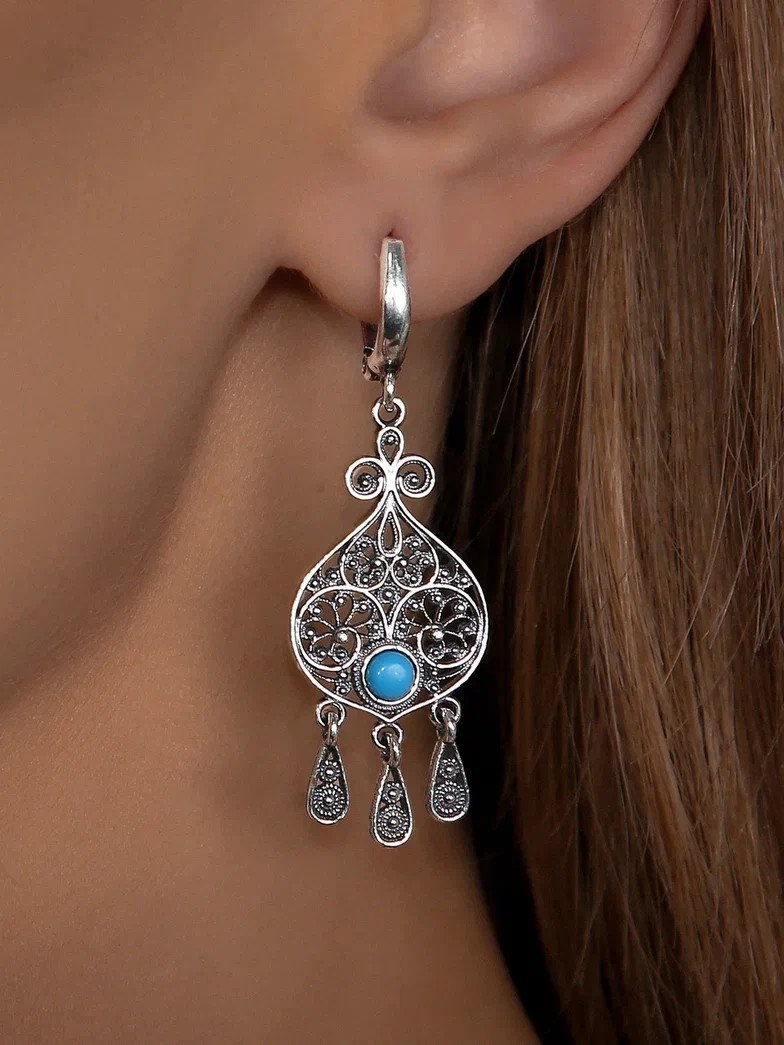 Серьги из серебра с бирюзой и филигранью 2776 - фото 8333