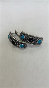 Серьги из серебра с агатом и брюзой 3026